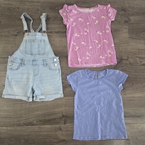 Vigoss Girls 3pc Set - Denim Short Overalls & Shirts Size M 9/10